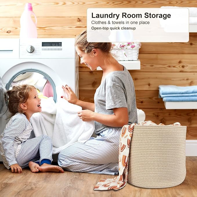 XUANGUO Cotton Rope Basket For Girls Boys Kids 16”X14” | Baby Laundry Baskets, Blanket Basket, Nursery Bin; Round Woven Basket Organizer for Toy Storage, Blankets, Shoes and Clothes