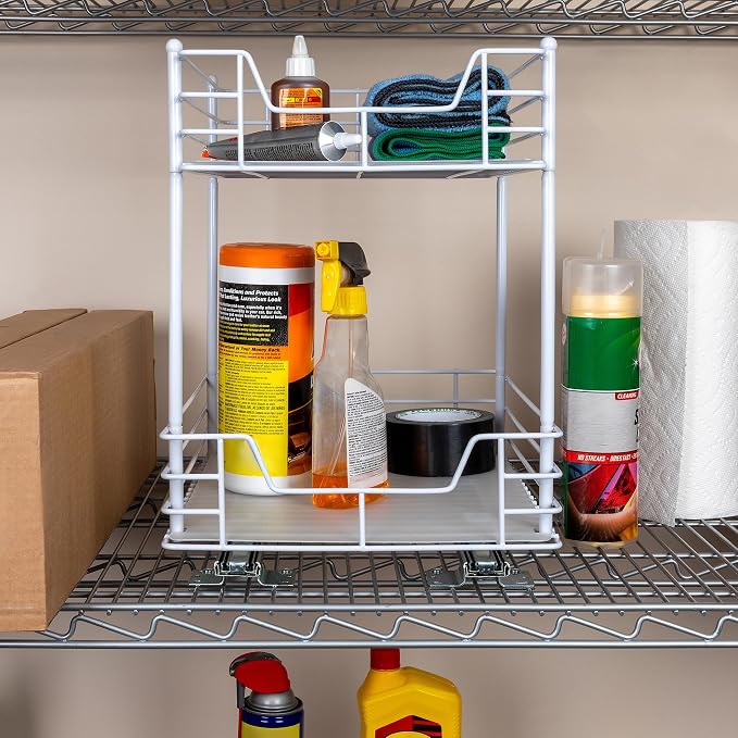 Household Essentials White Steel Two-Tier Pantry Organizer with Plastic Accents