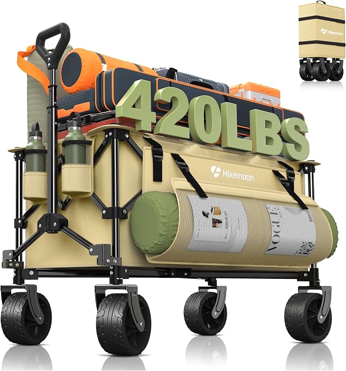 HIKEMOON 150L Collapsible Wagon Compact with Big Wheels, 420LBS Khaki | Wagons Carts Foldable, Heavy Duty, Portable, All-Terrain, Utility Folding Cart for Shopping/Beach/Garden/Camping/Sports