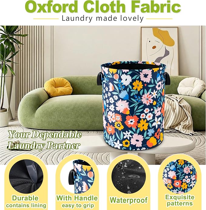 Folk Floral Art Laundry Basket Foldable Waterproof Hamper 18.9 x 16.5 Inch | Oxford Cloth With Reinforced Handles Lining Design Large-Capacity Storage For Bathrooms/Laundry Rooms/ Living Rooms/Bedrooms