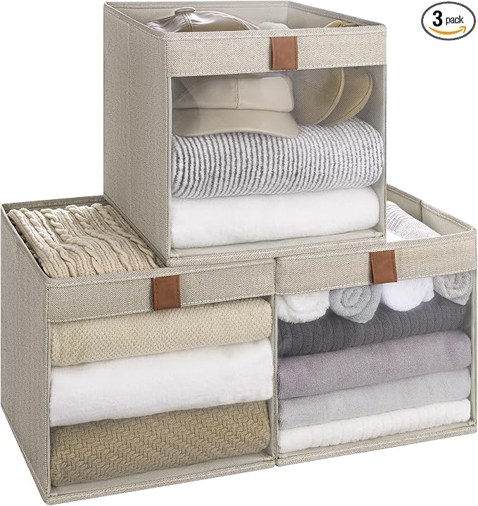 StorageWorks 11x11 Storage Cubes, Fabric Bins, Brown and Beige, 3-Pack | Clear Window for Visibility, 2 Soft Leather Handles, Collapsible, Flip to Show/Hide, Storage Baskets for Closet, Shelf, Cubby