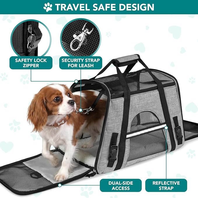 PetAmi Airline Approved Pet Carrier for Cats Small Dogs, Small Heather Gray | Soft Sided TSA Travel Bag, Sherpa Bed, Breathable Mesh Ventilation, Collapsible Bowl, Fits Under Seat, Up to 18 lbs
