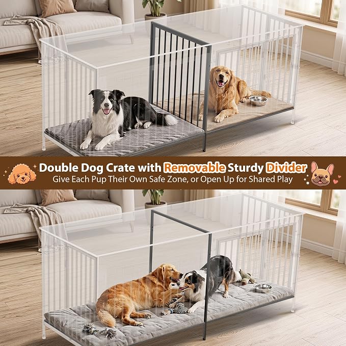 EasyCom 78" Wooden Double Dog Crate with Divider & Raised Legs, Gray | Raised Legs, For 1–2 Small to Large Dogs, Multiuse TV, Plant & Display Stand
