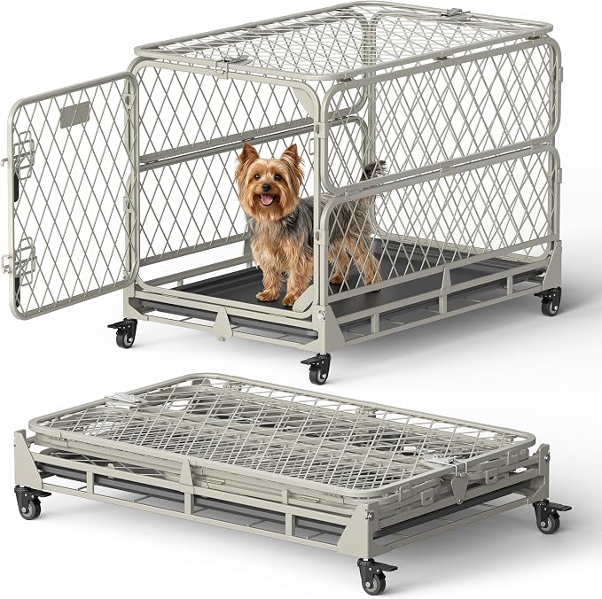 30 Inch Collapsible Dog Crate for Small Dogs, Foldable Metal Dog Kennel with Reinforced Diamond Wire Mesh, Escape Proof Foldable Dog Cage, Leak-Proof Removable Tray, Double Secure Door Latch