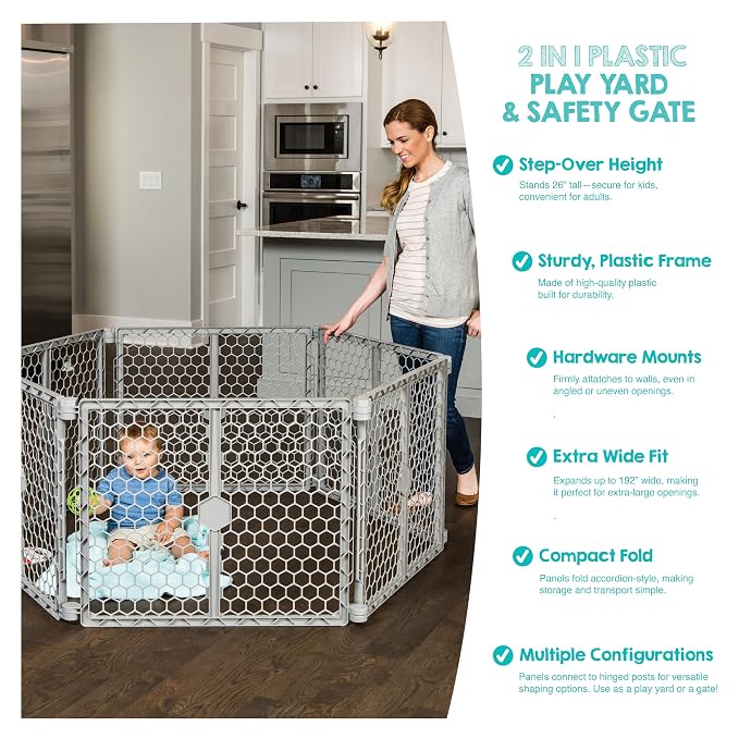 Regalo Safety 192" Plastic 2-in-1 Super Wide Baby Gate & Play Yard | Adjustable Playpen, For Doorways & Open Spaces, For Babies, Toddlers & Pets, Gray, Tested & Trusted for 30 Years
