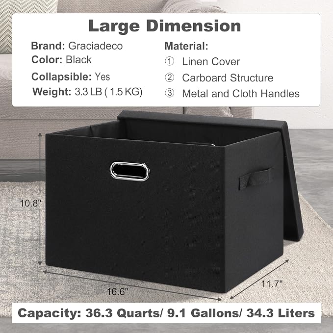 Graciadeco Large 17" 36 Quart Collapsible Stackable Storage Bins with Lids, 1 Pack Black Foldable Fabric Closet Storage Boxes with Lids, 4 Handles Heavy-duty Linen Cube Baskets for Bedroom | 36 Quart 1 Pack Black Collapsible Stackable Linen Fabric 4 Ha...