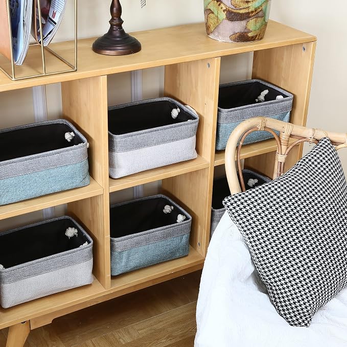 Sea Team Compact Rectangle Canvas Open-Top Storage Baskets, 3-Pack | Collapsible Fabric Storage Bins with Handles, Closet Shelf Organizers, 12 x 8 x 5 Inches, Stone Blue & Gray