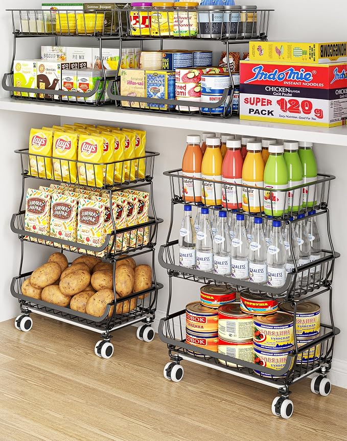OKZEST 3-Tier Rolling Pantry Floor Organizers and Storage Cart with Wheels | Fits under pantry shelf, Stackable kitchen pantry baskets with dirt catch tray, Holds drink, snack, can, potato, onion, fruit