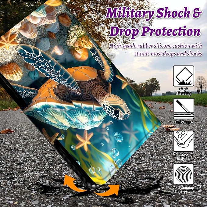 Rotating Handle Case for Samsung Galaxy Tab A11 2026/A9 2024 8.7 Inch, 360 Degree Swivel Kickstand with Magnetic Closure Leather Protective Cover for Women Men, Sea Turtle Seaweed