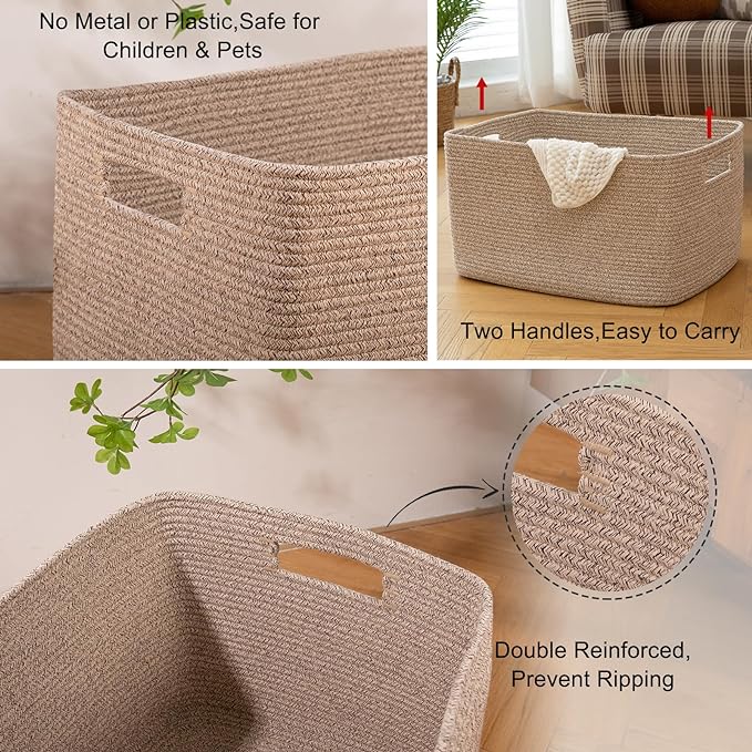 OIAHOMY Cotton Rope Basket, Rectangle Woven Nursery Blanket Basket, Toy Storage Basket with Handle, Baskets for Organizing, 18”x14”x12”, Brown variegated