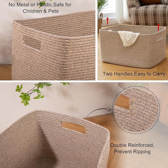 OIAHOMY 118L XXXLarge Cotton Rope Storage Basket, Oversized Blanket Basket, Used for Organizing Dirty Clothes in Living Room, Bedroom, Nursery, Dog Toy Storage Bins, 25" x 17" x 16",Brown variegated