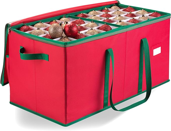 Christmas Ornament Storage - Stores up to 128 Holiday Ornaments, Adjustable Dividers, Zippered Top, Two Handles - Attractive Storage Box Keeps Holiday Decorations Clean and Dry for Next Season (Red)