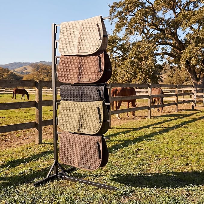 8-Tier Portable Saddle Pad Rack with Stand for Horse Tack Storage | Lightweight Black Stand with Long Rack Arms Stores Multiple Saddle Pads for Tack Rooms, Utility Rooms and Horse Trailers