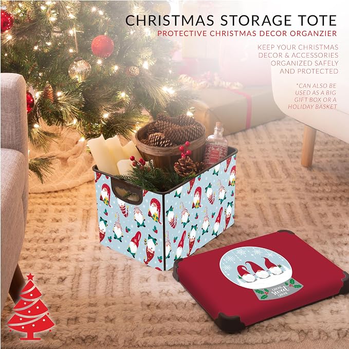 Simplify “Gnome Sweet Gnome" Design Storage Bin | Christmas Tote | Holiday Décor Decorations Organizer | Lidded | Stackable | White