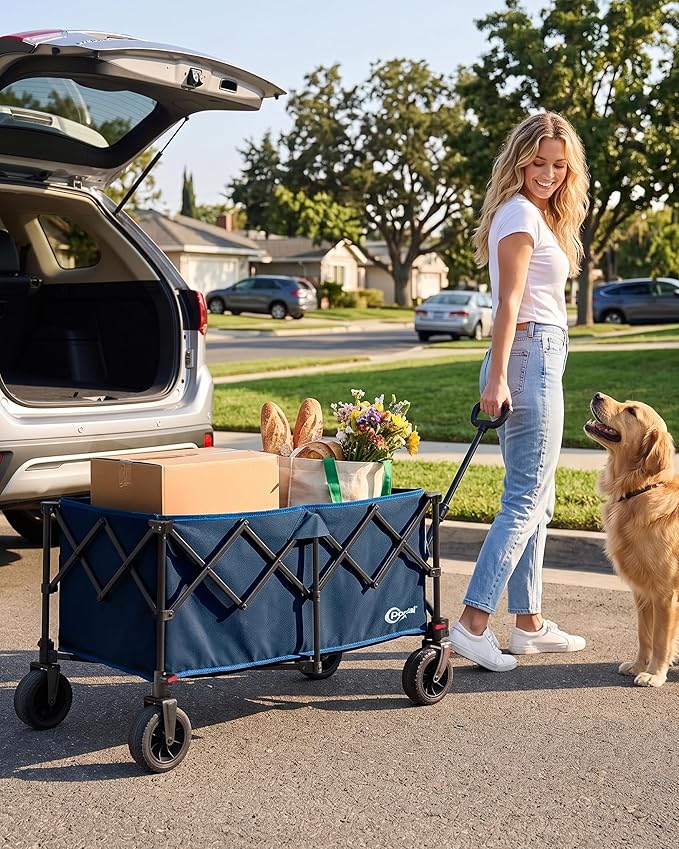 Portal Ultra Compact Folding Wagon Cart with Brakes, 300L Large Cart | Portable Outdoor Design; Durable Construction; Easy Setup & Storage; Color: Blue