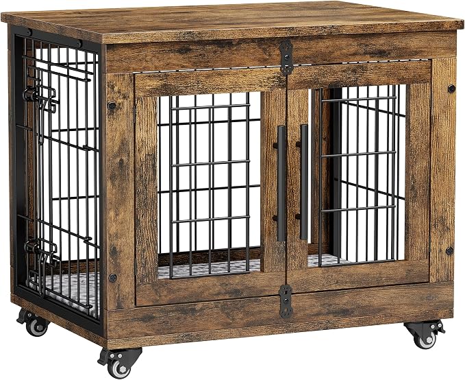 Small Dog Crate Furniture, 27.1'' Heavy Duty Kennel with Cushion & Wheels | Rustic Brown, Double Doors, Wooden Dog Cage, Chew-Resistant, End Table, Decorative, 27"/32"/38"/44" Options, Indoor