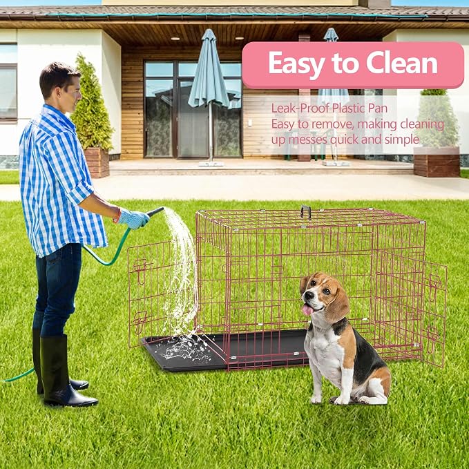 30 Inch Medium Dog Crate, Heavy Duty Dog Crates for Medium Dogs, Metal Wire Folding Dog Cage with Removable Trays, Locks, Double-Door, Divider Panel, Handle, Puppy Crate Pet Crate (30 in, Pink)