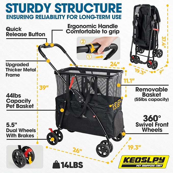 2-in-1 Folding Shopping Cart & Pet Stroller 99 LB Grocery Cart | 130L Large Personal Shopping Cart with Removable Basket, Portable Utility Cart for Groceries, Laundry, Camping Small Dogs