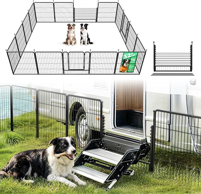 FXW Rollick Dog Playpen with RV Step Grid for RV Camping, 32" H, 16 Panels | Easy Setup & Sturdy, Blocks RV Stair Gaps, Fits RV Steps up to 30"W, For Small & Medium Dogs, Patented