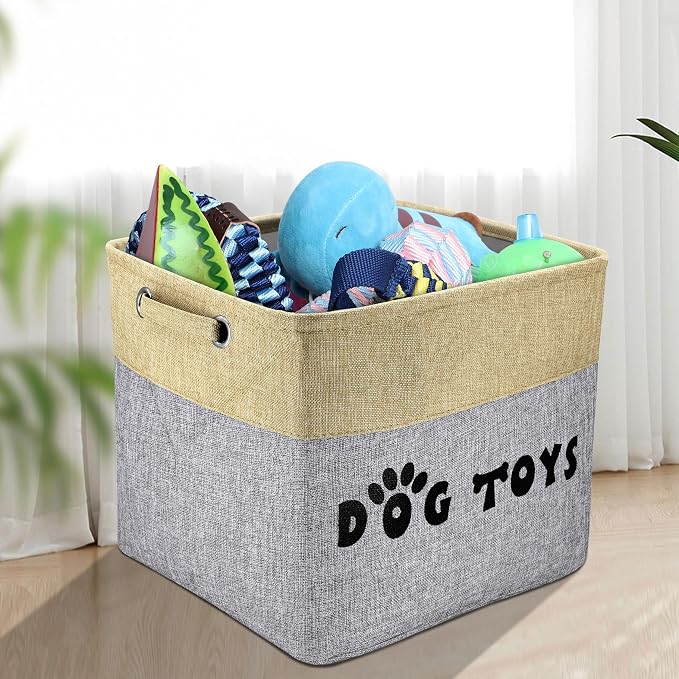 PET ARTIST Dog Toy Basket, Large Collapsible, Gray, L:15"x13"x12" | Dog Toy Bin Box, Comfortable Handles, Large Pet Toy Storage Organizer, For Accessories, Toys, Coat & Clothing, Blanket Leash
