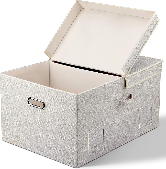 Storage Bins with Lids Fabric Closet Organizers Cubes Office Organization | 75 Quarts 1 Pack Beige Collapsible Stackable Linen Fabric 4 Handles Bedroom Closet Cabinet Under Bed Clothes Toy Office File