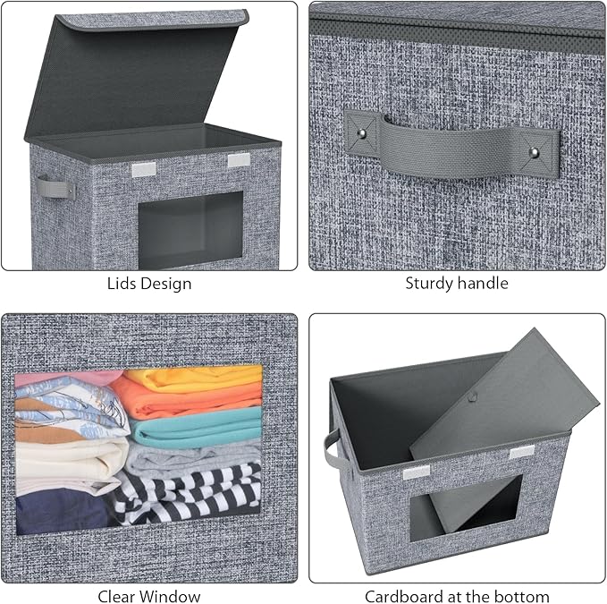 Univivi Fabric Storage Bins with Lids for Clothes 4 Pack, Grey Linen | 17 x 12 x 12 In Foldable Storage Boxes with Handles, Clear Window, Closet Organizers for Home, Bedroom