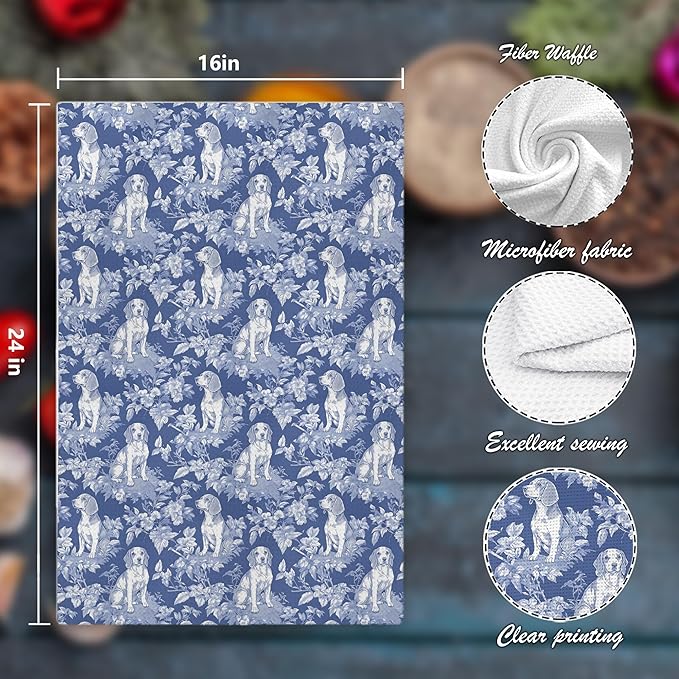 Chinoiserie Floral Beagle Decor Kitchen Towels, Blue and White Floral Beagle Decorative Dish Tea Towels,Grandmillennial Dog Hand Towels for Kitchen Bathroom, Beagle Gifts，16x24 Inch
