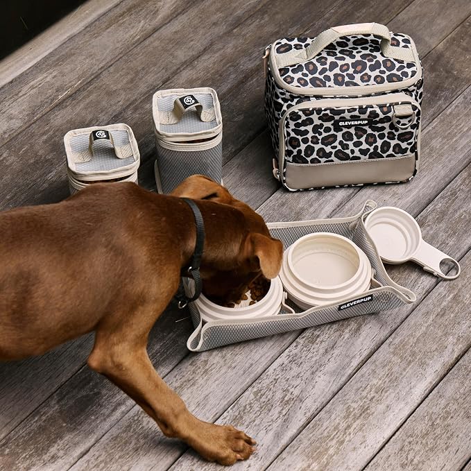 Small 7-Piece Bistro Box Dog Food Travel Kit, 6-Cup BPA-Free Kibble Storage, 2 Silicone Bowls, Mat & Scoop - Portable Pet Food Kit for Weekends, Overnights, Daycare & Camping, Leopard