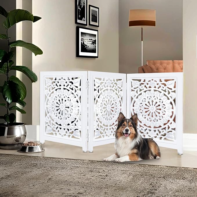 Lightnpro 3-Panel Wooden Dog Gate – Adjustable Freestanding Foldable Pet Safety Barrier, Extra-Wide Indoor Fence for Small Dogs & Pets – 24x54 Inch Antique White