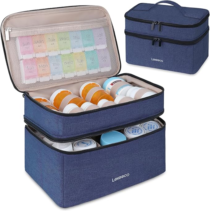 Lexeeco Dual Layers Medicine Pill Bottle Organizer Bag with Lockable Zipper | Portable Medication Bag for Pills,Vitamins,Fish Oil,Medicine Storage Box for College Dorm Student,Home,Large Travel Pill Case