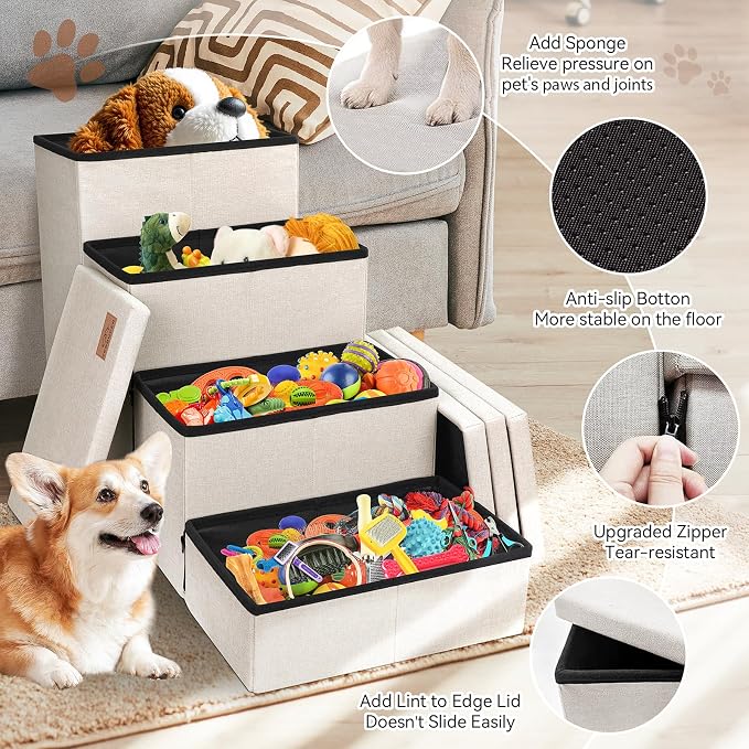 Zerbuger Dog Stairs with Storage, Beige 4 Steps Dog Ramp no Condo for Bed | 23" H Wider Dog Steps for High Beds Couch, Folding Storage Pet Stairs Gift for Climbing Small/Medium/Large Old Dogs Cats