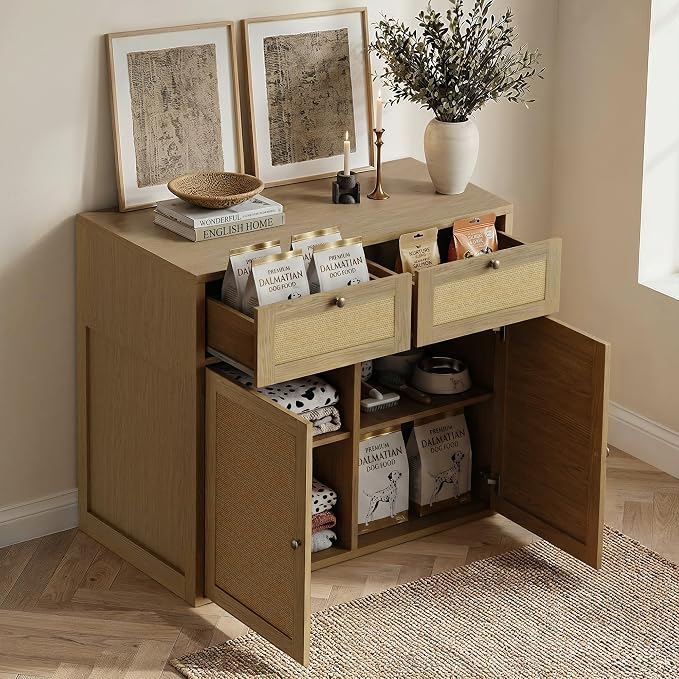 PureCozy Wooden Side Cabinet for Dog Crate Furniture, 40 Inch, Light Oak | Complementary storage unit with cane doors and 2 drawers; pairs with PureCozy dog crate furniture for indoor use.