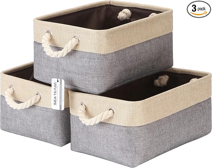 Sea Team Compact Rectangle Canvas Open-Top Storage Baskets, 3-Pack | Collapsible Fabric Storage Bins with Handles, Closet Shelf Organizers, 12 x 8 x 5 Inches, Gray & Beige