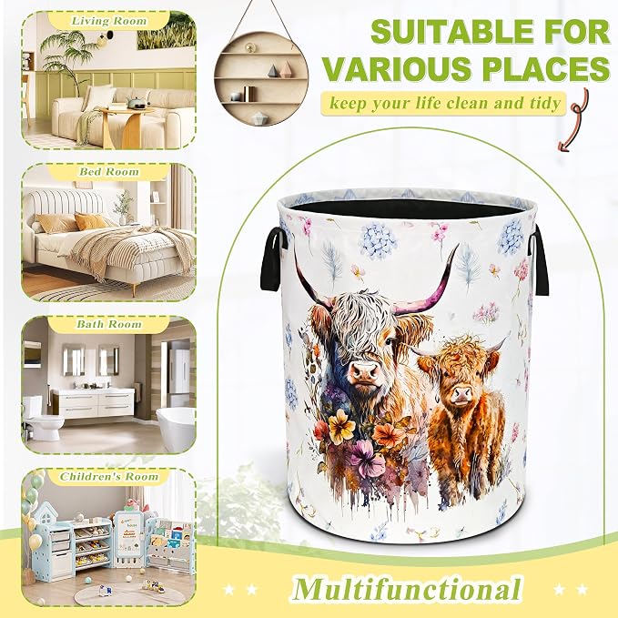 Highland Cow Laundry Basket Foldable Waterproof Cattle Hamper 18.9x16.5 In | Oxford Cloth With Reinforced Handles Lining Design Large-Capacity Storage For Bathrooms/Laundry Rooms/ Living Rooms/Bedrooms