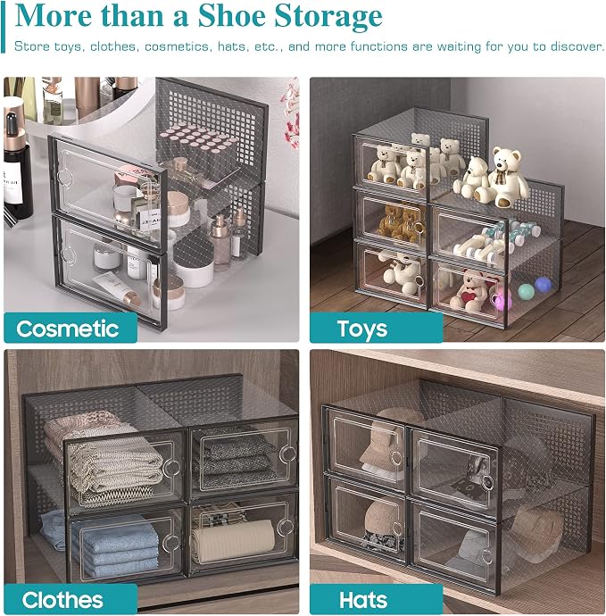 Kuject 12 Pack Large Shoe Boxes, Clear Stackable Containers with Lids,Black | Shoe organizers for closet & entryway, under-bed,Drop-front design fits women's size 10