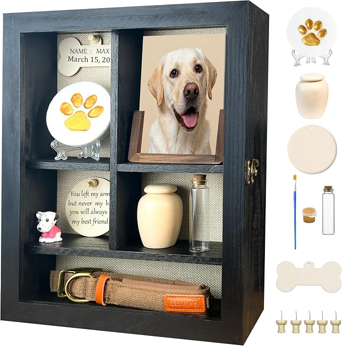 Solid Wood 11x14 Pet Memorial Shadow Box Frame with Adjustable Shelves Paw Print Kit Pet Urn Ashes Display Case Black Dog Memorial Gifts for Loss of Dog