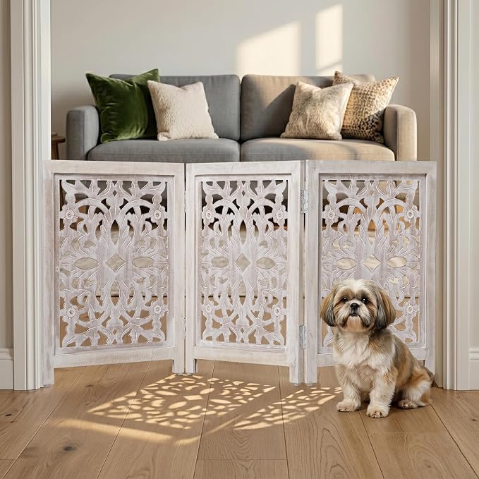 Lightnpro 3-Panel Carved Wooden Dog Gate – 54 Inch Foldable Freestanding Pet Barrier, White Wash Indoor Safety Fence for Small Dogs & Puppies – 24x18 Inch Panels