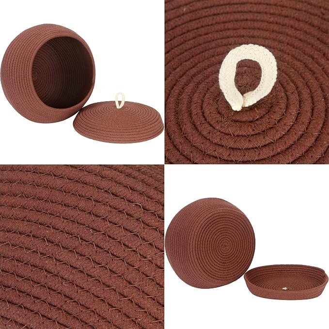 Sea Team Round Woven Cotton Rope Storage Basket with Lid, Brown | Lidded Knitted Decorative Storage Bin, Pot, Caddy, Organizer, Container for Snacks, Towels, Plants, 13 x 9 Inches