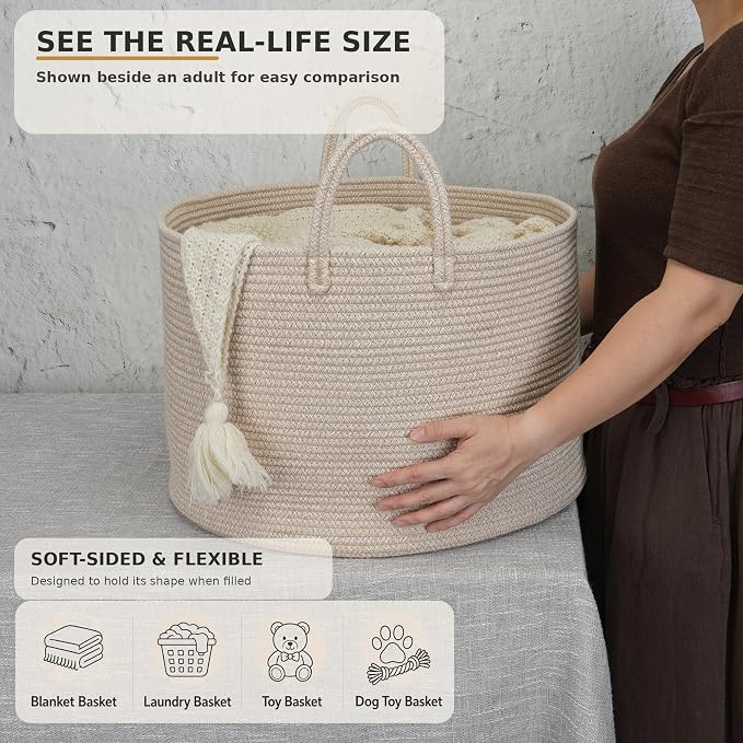 XUANGUO 66L Large Blanket Basket, Round Cotton Rope Basket, Oatmeal | 20" x 13" Laundry Basket with Sturdy Handles for Blankets, Pillows and Toys; Storage for Living Room, Bedroom and Nursery