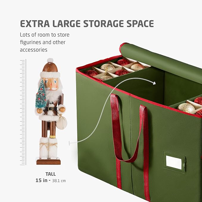 ZOBER Large Christmas Ornament Storage Box - Stores 80 3" Ornaments, With Dividers - With Large Compartment for Figurines, and Accessories, Durable Christmas Containers Holder, 4 Extra Pockets - Green