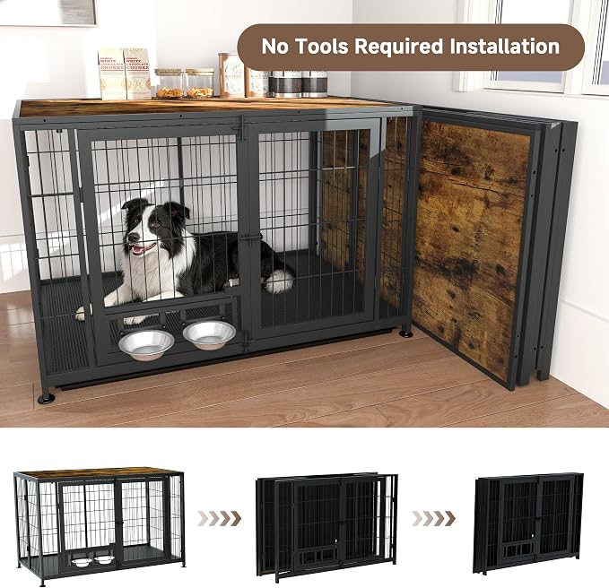 43.3" Heavy Duty Large Dog Crate with Wheels & Feeding Bowls, 3 in 1 Foldable Extra Large Dog Kennel & Playpen, Indestructible Escape-Proof Metal for Large Dogs, Indoor Outdoor, Rustic Brown