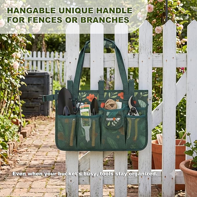 Bucket Tool Organizer - Multi-Purpose Garden Tool Caddy Fits 3.5 to 5 Gallon Buckets - Heavy Duty 600D Tool Bag Pouch with Mesh Pockets for Car Wash, Fishing, Construction (Green Flower)