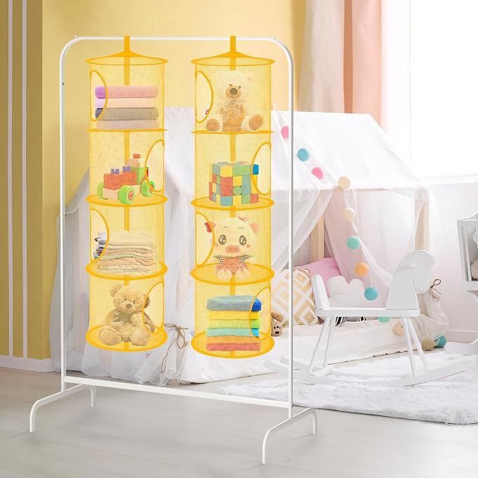 2Pcs Hanging Stuffed Animal Storage Hammock 4 Tiers, Yellow | Hanging Mesh Storage Organizer for Kids Room, Holds Plushies, Gloves, Hats, Socks, Foldable Space-saving Design