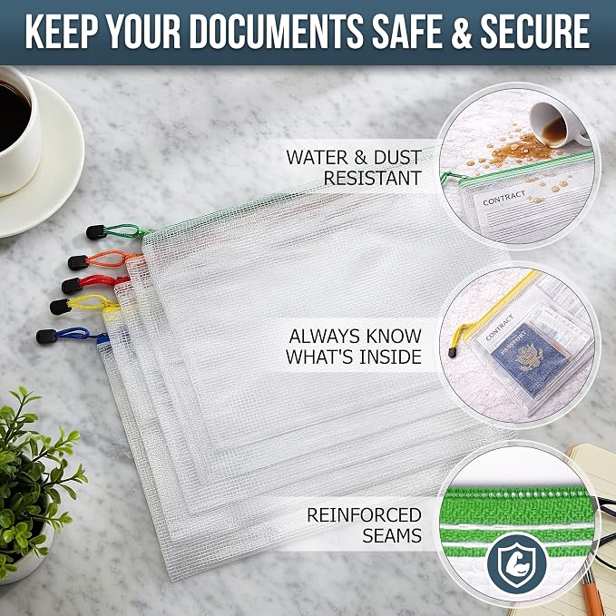 5 Pack Mesh Zipper Pouch Bags A4-13.5x9.5 in Plastic Zipper Pouches for Organizing - Document Bags with Zippers - Letter Size Zippered Pouches - Waterproof Document Pouch with Zippers