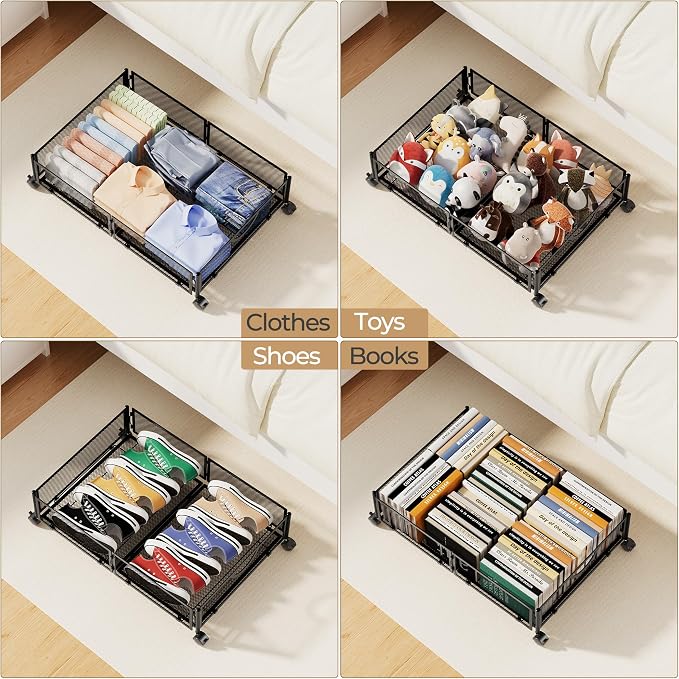 Yecaye Under Bed Storage with Wheels, 4 Pack Under Bed Shoe Storage, Black | Sturdy All-Metal Frame, Foldable, 360° Rolling Wheels, Tool-free Assembly, Underbed Storage Drawers for Shoes, Toys, Clothes