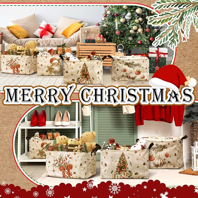 4pcs Christmas Storage Basket Fabric Laundry Baskets with Handle Xmas Foldable Organizer Boxes for Office Home Baby Cloth Toy Book 15 x 10 x 8(Snowman)