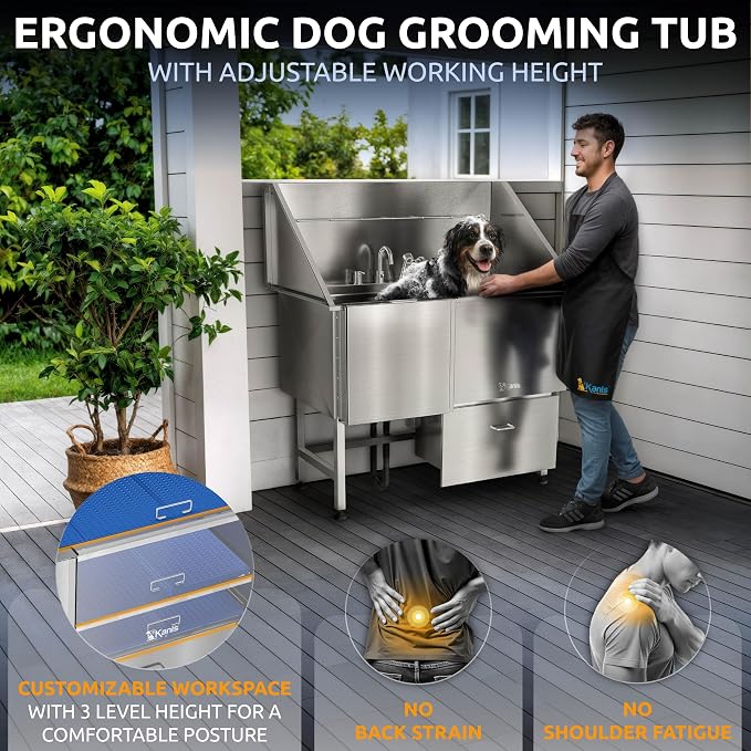 Professional Dog Washing Station 304 Stainless Steel Pet Wash Sink | Grooming Bathtub w/Shower, Floor Grates and Storage for Large, Medium & Small Pets (Silver, 50 Inches, Left Ramp, 1 Drawer)