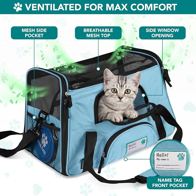 PetAmi Airline Approved Pet Carrier for Cats & Small Dogs, Small Light Blue | Soft Sided TSA Travel Bag, Sherpa Bed, Breathable Mesh Ventilation, Collapsible Bowl, Fits Under Seat, Up to 18 lbs