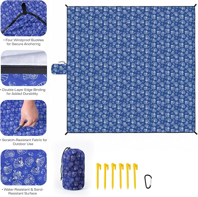 OIGAE Beach Blanket Waterproof Sandproof Oversized Beach Mat | Picnic Mat with Stakes, Storage Bag - Essentials for Outdoor Beach, Picnic,Quick-Dry Lightweight,Windproof Pockets