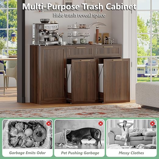 Double 13 Gallon Pull Out Trash Can Cabinet with Storage Cabinet,Walnut | Pet Proof Hidden Garbage Can Cabinet,3-Tier Shelves,Fluted Design,Extra Drawer Space,Kitchen & Dining Room Organization